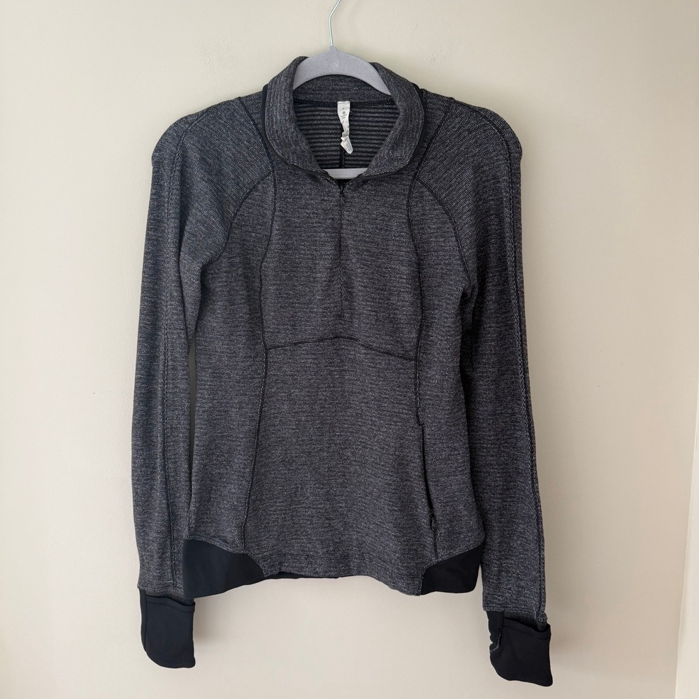 Lululemon Athletica Women 6 Black Gray Space Dye Quarter Zip Pullover Thumbholes